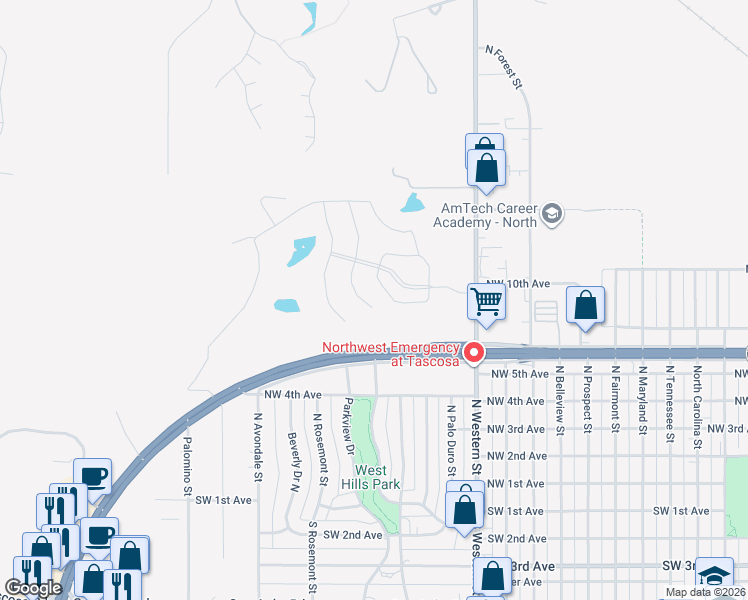 map of restaurants, bars, coffee shops, grocery stores, and more near 801 North Western Street in Amarillo
