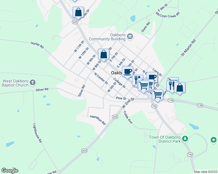 map of restaurants, bars, coffee shops, grocery stores, and more near 521 North Center Street in Oakboro