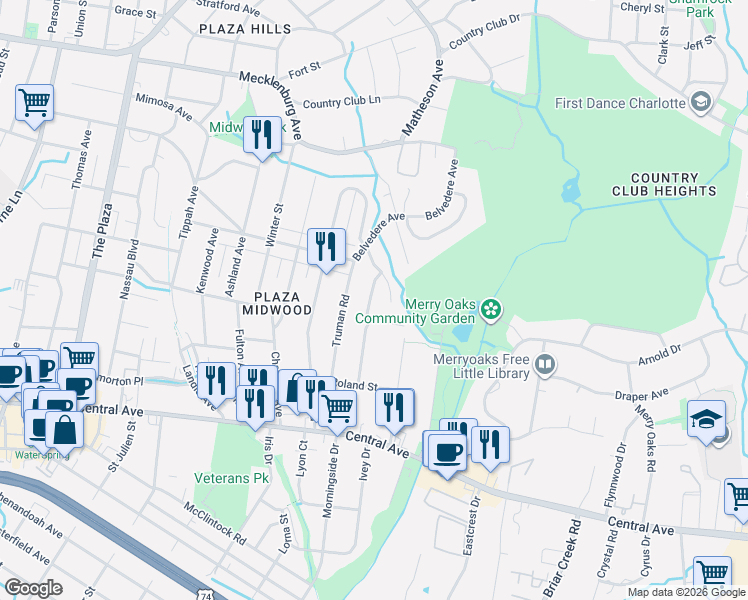 map of restaurants, bars, coffee shops, grocery stores, and more near 1938 Dunhill Drive in Charlotte