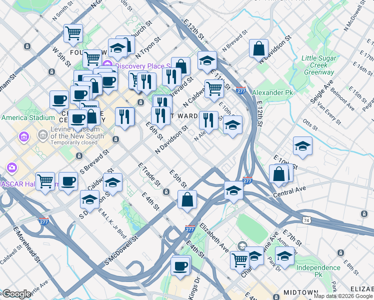 map of restaurants, bars, coffee shops, grocery stores, and more near 401 North Alexander Street in Charlotte