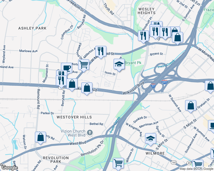 map of restaurants, bars, coffee shops, grocery stores, and more near 2120 Suttle Avenue in Charlotte