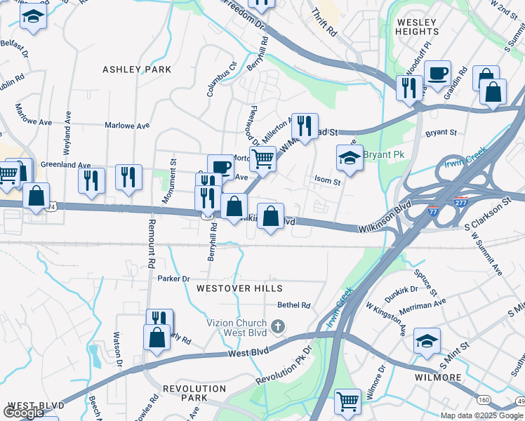 map of restaurants, bars, coffee shops, grocery stores, and more near in Charlotte