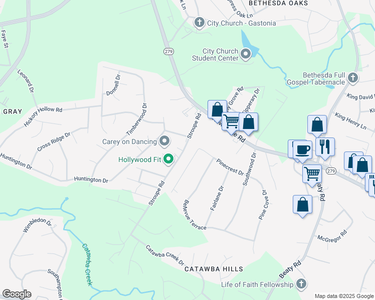 map of restaurants, bars, coffee shops, grocery stores, and more near 200 Stroupe Road in Gastonia