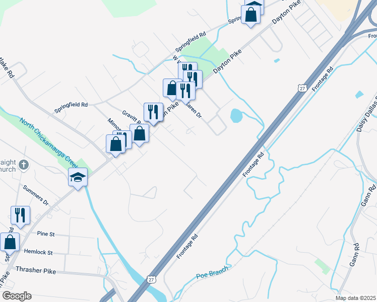 map of restaurants, bars, coffee shops, grocery stores, and more near 205 Eveningside Drive in Soddy-Daisy