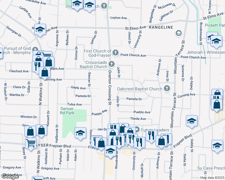 map of restaurants, bars, coffee shops, grocery stores, and more near 3628 Overton Crossing Street in Memphis