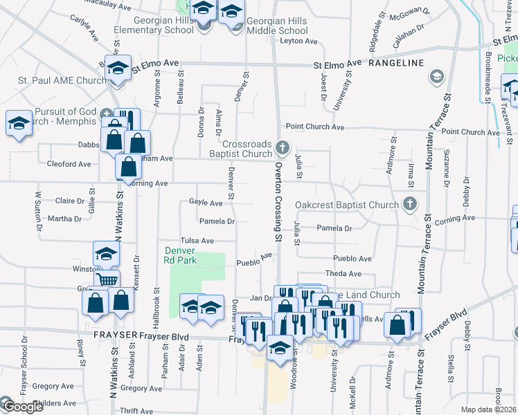map of restaurants, bars, coffee shops, grocery stores, and more near 2076 Gayle Avenue in Memphis