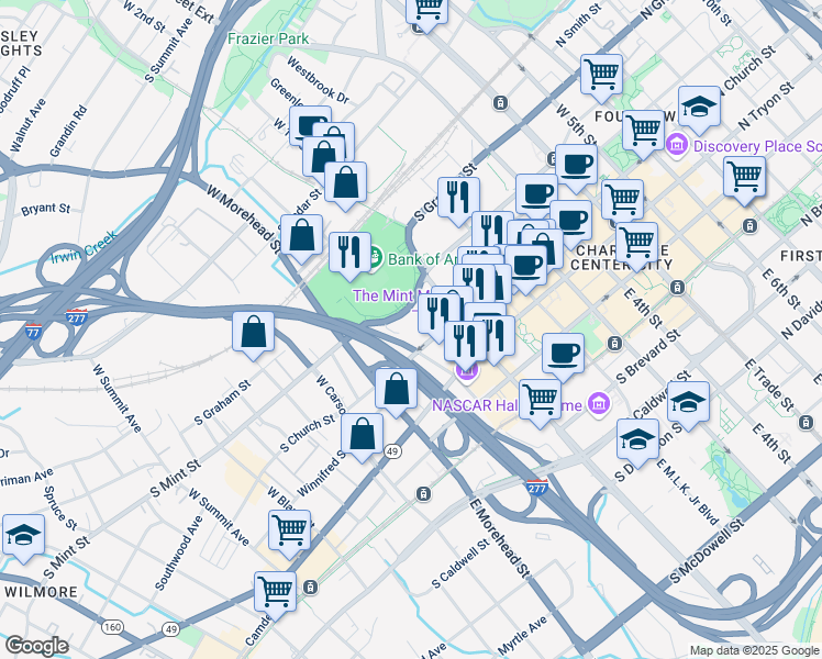 map of restaurants, bars, coffee shops, grocery stores, and more near 855 South Mint Street in Charlotte