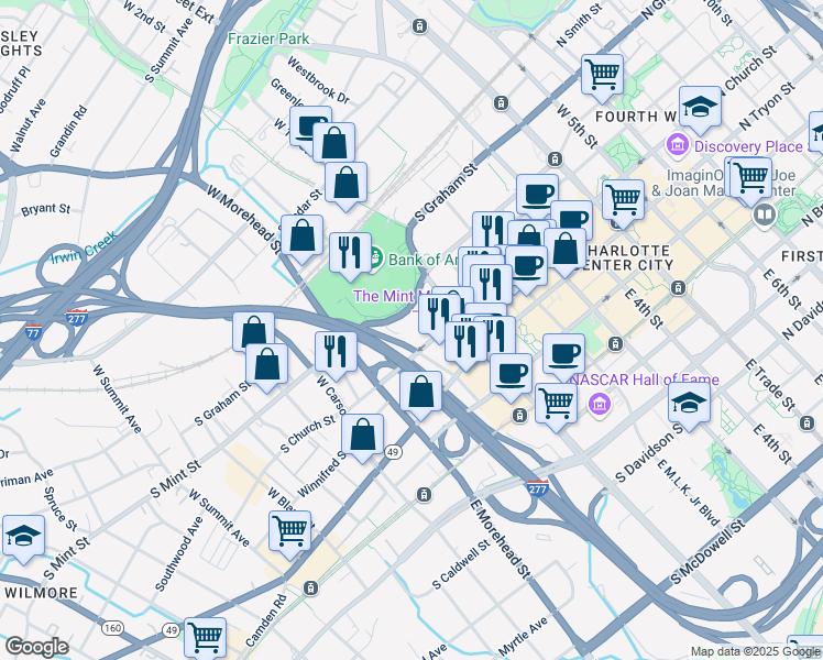 map of restaurants, bars, coffee shops, grocery stores, and more near 855 South Mint Street in Charlotte