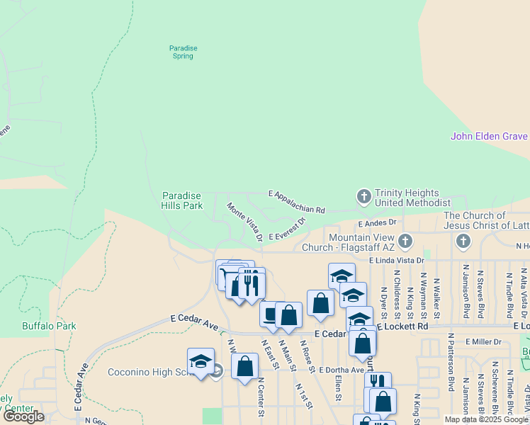 map of restaurants, bars, coffee shops, grocery stores, and more near 1205 East Kandahar Lane in Flagstaff