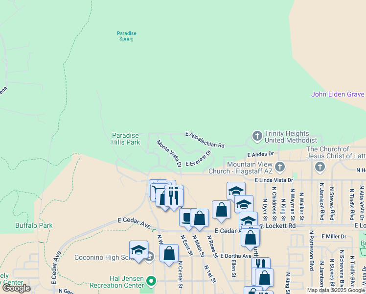 map of restaurants, bars, coffee shops, grocery stores, and more near 1205 East Kandahar Lane in Flagstaff