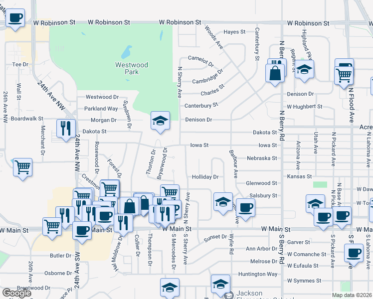 map of restaurants, bars, coffee shops, grocery stores, and more near 1705 Iowa Street in Norman