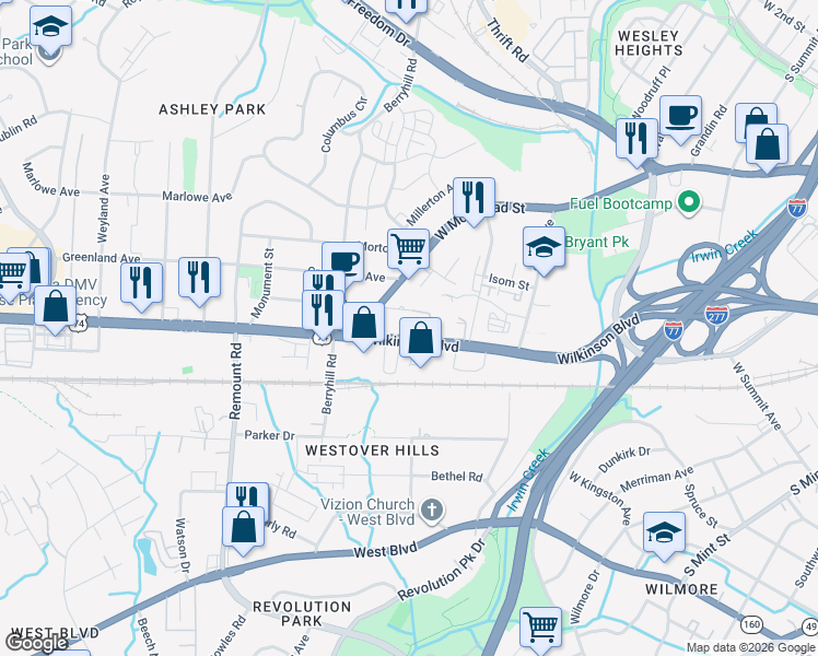 map of restaurants, bars, coffee shops, grocery stores, and more near in Charlotte