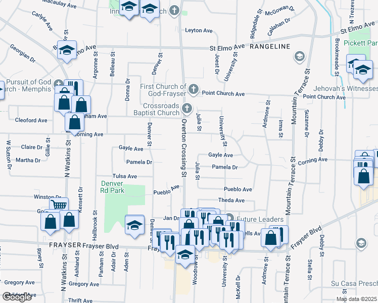 map of restaurants, bars, coffee shops, grocery stores, and more near 3628 Overton Crossing Street in Memphis