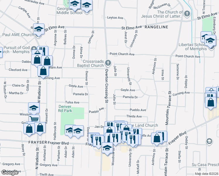 map of restaurants, bars, coffee shops, grocery stores, and more near 3628 Overton Crossing Street in Memphis