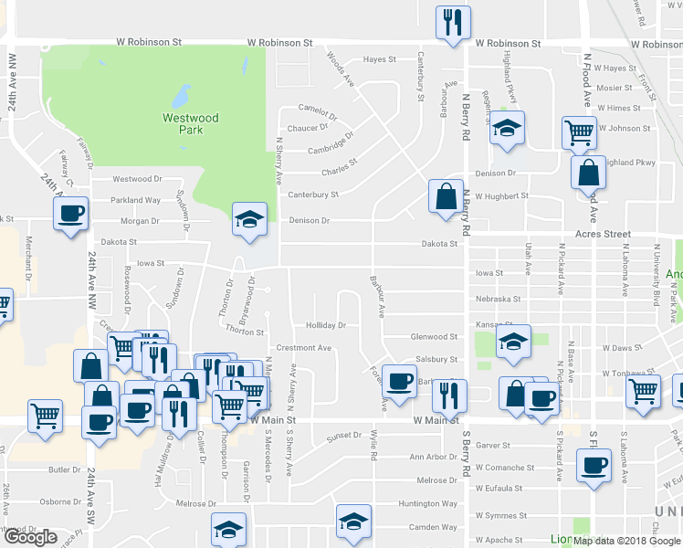 map of restaurants, bars, coffee shops, grocery stores, and more near 1514 Iowa Street in Norman