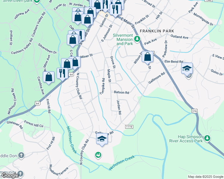 map of restaurants, bars, coffee shops, grocery stores, and more near 61 Spring Cove Drive in Brevard