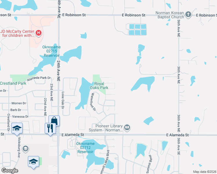 map of restaurants, bars, coffee shops, grocery stores, and more near 2913 Line Drive in Norman