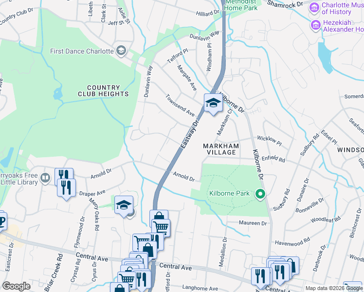 map of restaurants, bars, coffee shops, grocery stores, and more near 2500 Eastway Drive in Charlotte