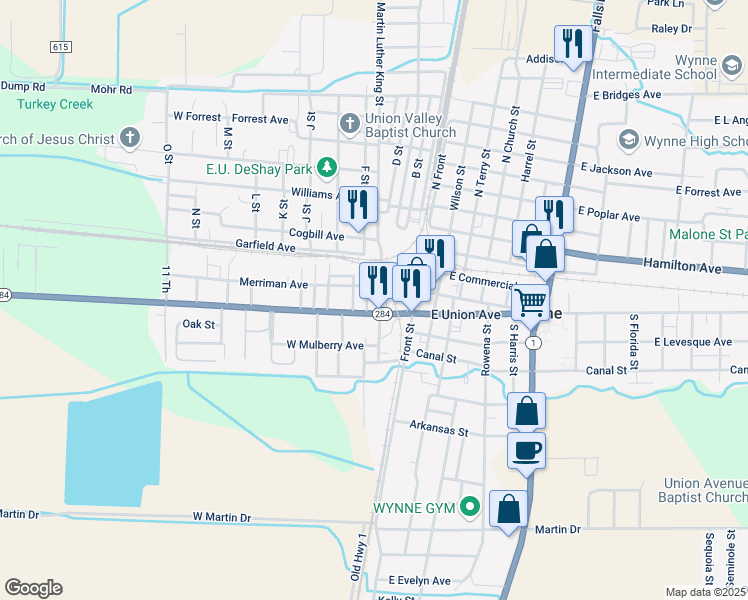map of restaurants, bars, coffee shops, grocery stores, and more near 302 Front Street South in Wynne