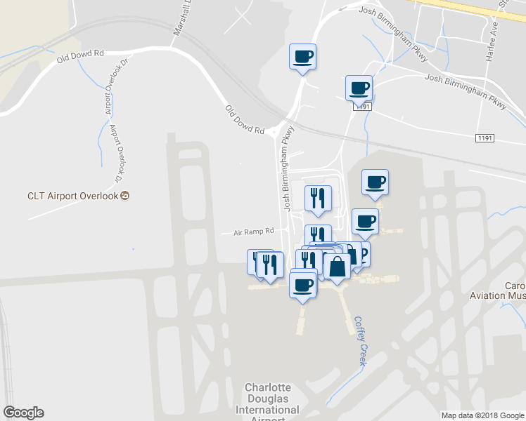 map of restaurants, bars, coffee shops, grocery stores, and more near 4204 Rental Car Road in Charlotte