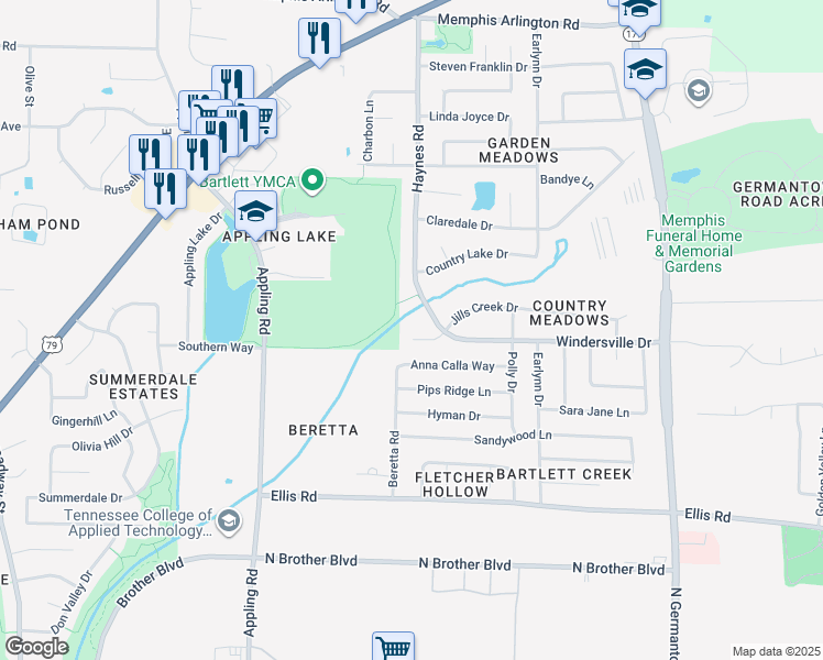 map of restaurants, bars, coffee shops, grocery stores, and more near 7818 Jills Creek Cove in Bartlett