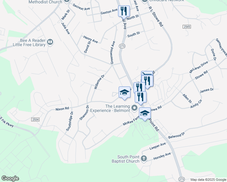 map of restaurants, bars, coffee shops, grocery stores, and more near 6446 Kathyrn Court in Belmont