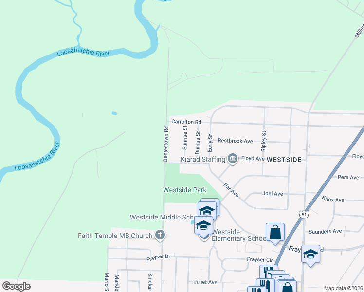 map of restaurants, bars, coffee shops, grocery stores, and more near 3624 Sunrise Street in Memphis