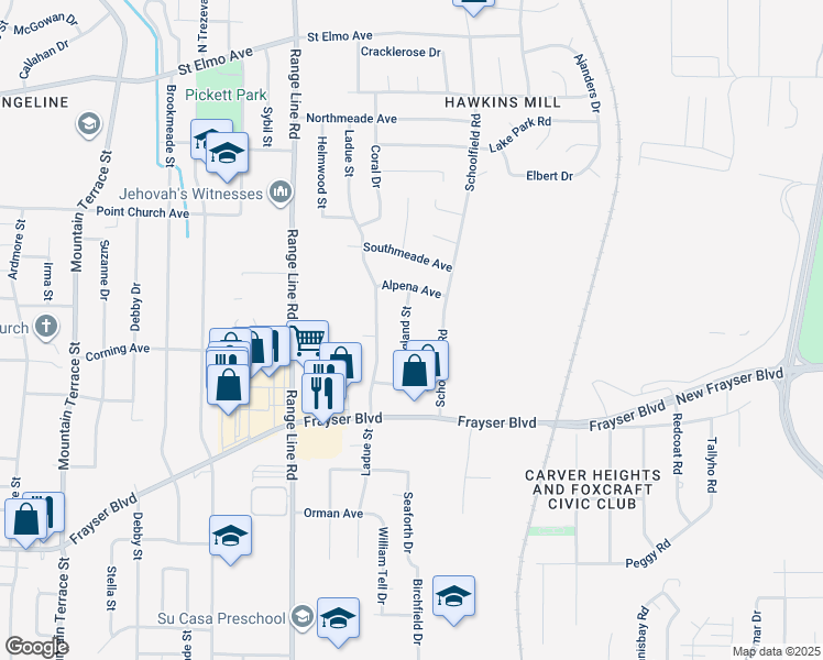 map of restaurants, bars, coffee shops, grocery stores, and more near 3604 England Street in Memphis