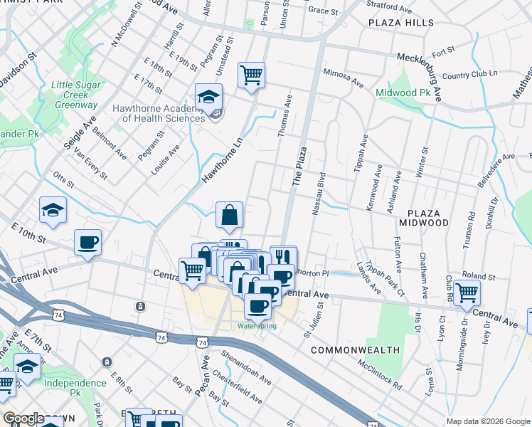 map of restaurants, bars, coffee shops, grocery stores, and more near 1542 Thomas Avenue in Charlotte
