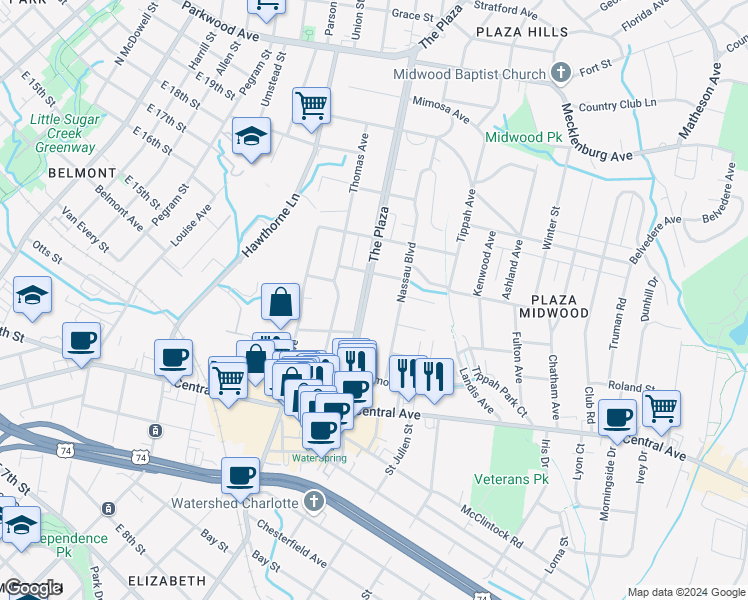 map of restaurants, bars, coffee shops, grocery stores, and more near 1600 The Plaza in Charlotte