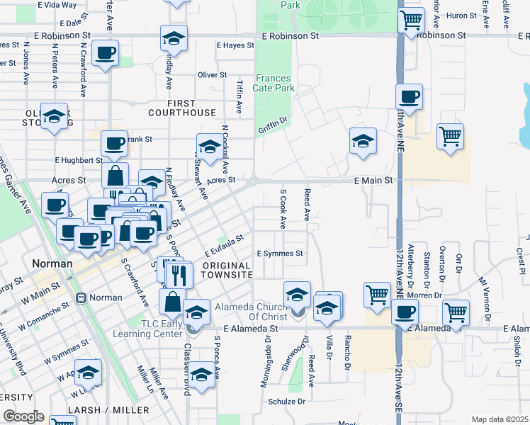 map of restaurants, bars, coffee shops, grocery stores, and more near 901 East Comanche Street in Norman