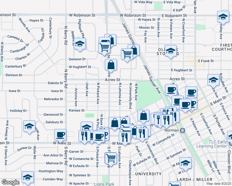 map of restaurants, bars, coffee shops, grocery stores, and more near 511 Iowa Street in Norman