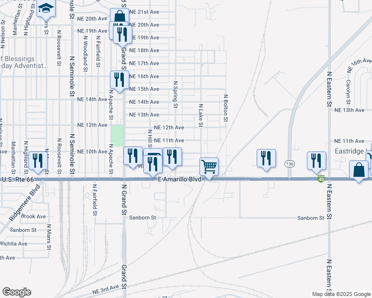 map of restaurants, bars, coffee shops, grocery stores, and more near 4018 Northeast 11th Avenue in Amarillo
