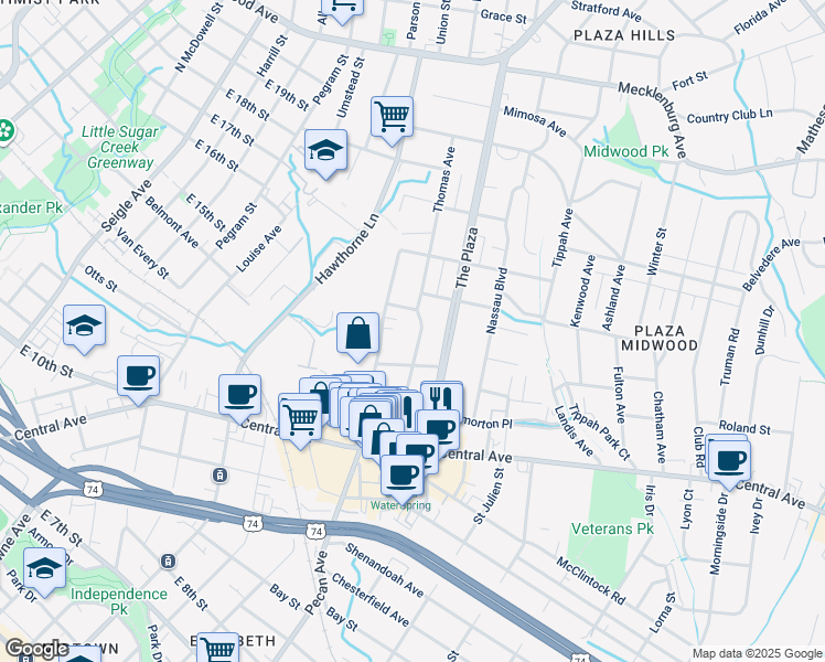 map of restaurants, bars, coffee shops, grocery stores, and more near 1542 Thomas Avenue in Charlotte