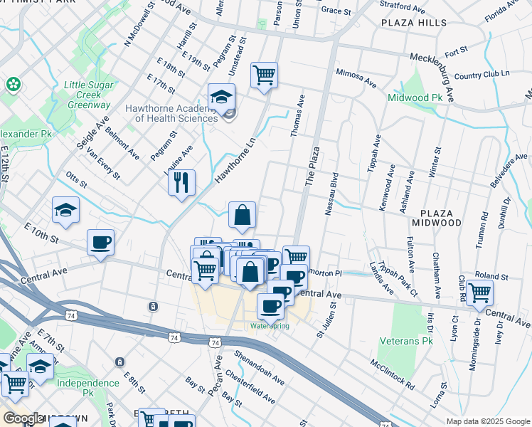 map of restaurants, bars, coffee shops, grocery stores, and more near 1570 Pecan Avenue in Charlotte