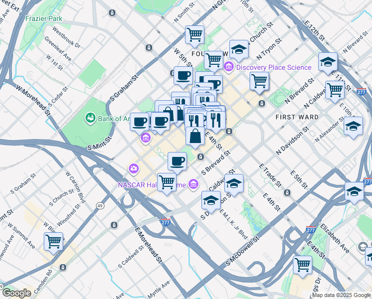 map of restaurants, bars, coffee shops, grocery stores, and more near 200 East 3rd Street in Charlotte