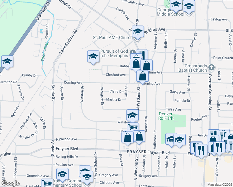 map of restaurants, bars, coffee shops, grocery stores, and more near 1730 Claire Drive in Memphis