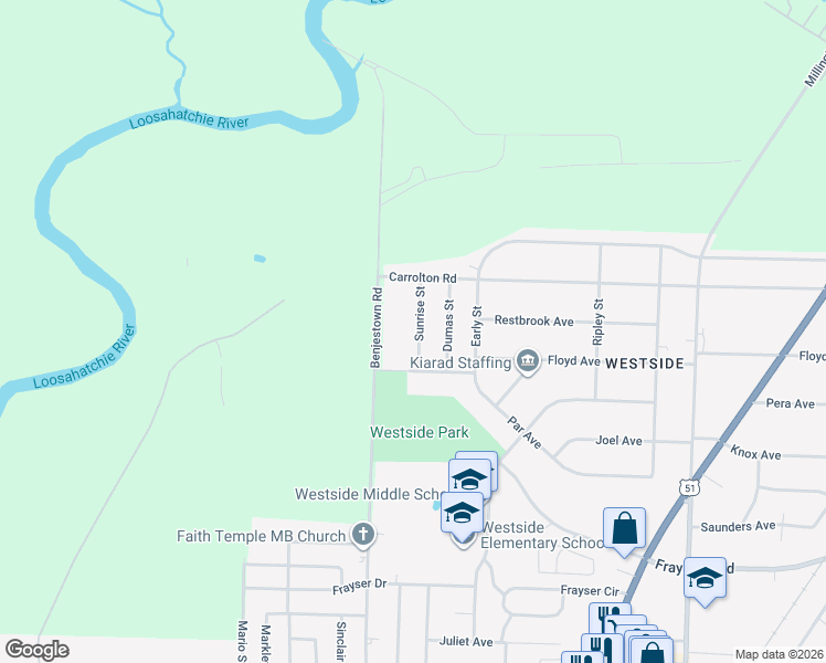 map of restaurants, bars, coffee shops, grocery stores, and more near 3624 Sunrise Street in Memphis