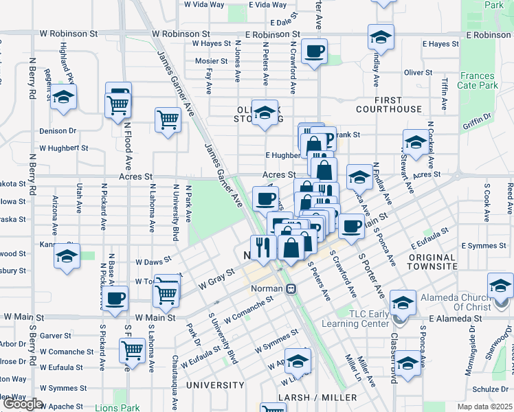 map of restaurants, bars, coffee shops, grocery stores, and more near 410 North Peters Avenue in Norman