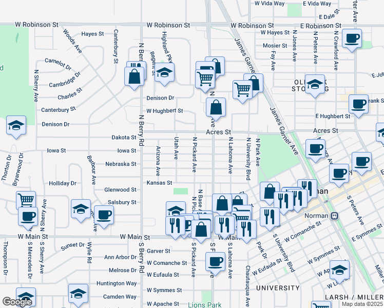 map of restaurants, bars, coffee shops, grocery stores, and more near 711 Iowa Street in Norman