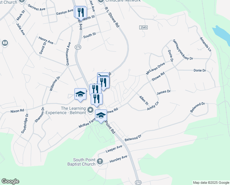 map of restaurants, bars, coffee shops, grocery stores, and more near 1108 Township Parkway in Belmont