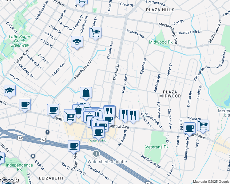 map of restaurants, bars, coffee shops, grocery stores, and more near 1600 The Plaza in Charlotte