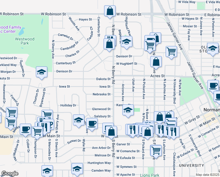 map of restaurants, bars, coffee shops, grocery stores, and more near 1201 Iowa Street in Norman