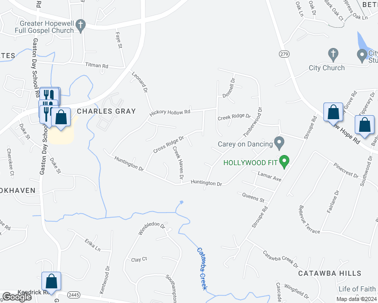 map of restaurants, bars, coffee shops, grocery stores, and more near 103 Woodfox Court in Gastonia