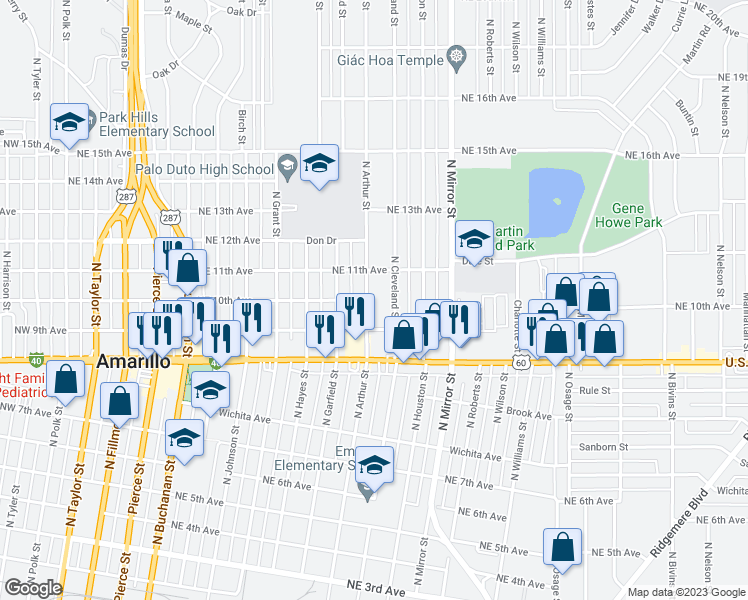 map of restaurants, bars, coffee shops, grocery stores, and more near 912 North Arthur Street in Amarillo