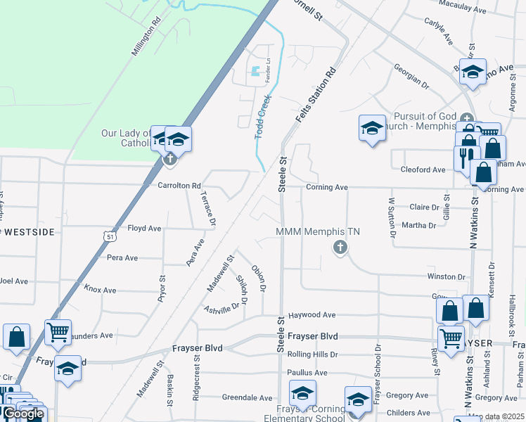 map of restaurants, bars, coffee shops, grocery stores, and more near 3595 Steele Street in Memphis