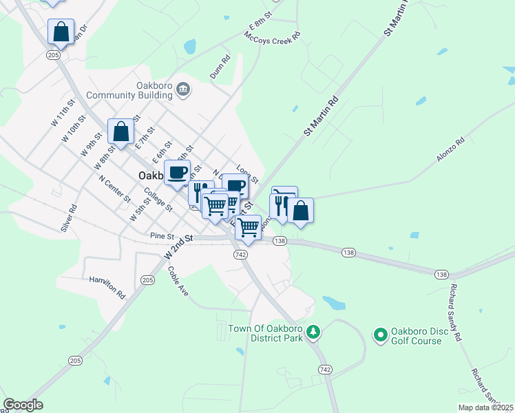 map of restaurants, bars, coffee shops, grocery stores, and more near 221 East 1st Street in Oakboro