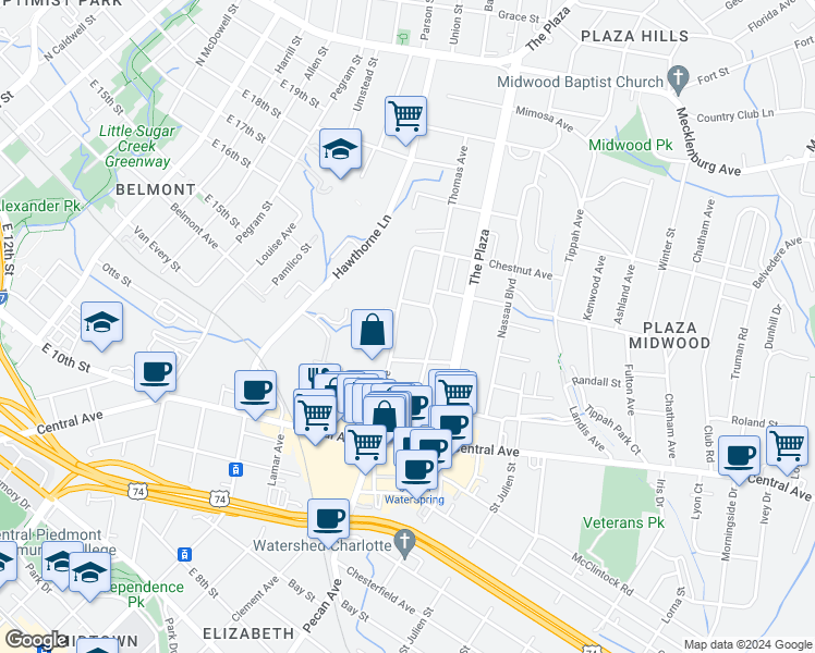 map of restaurants, bars, coffee shops, grocery stores, and more near in Charlotte