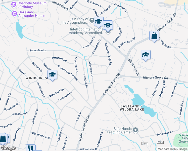map of restaurants, bars, coffee shops, grocery stores, and more near 4313 Ivanhoe Place in Charlotte