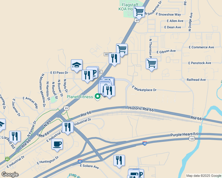 map of restaurants, bars, coffee shops, grocery stores, and more near 4800 U.S. 89 in Flagstaff